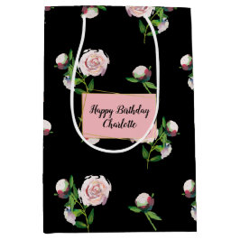 Rosa Rosen auf schwarz Mittlere Geschenktüte