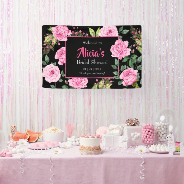 Rosa Rosen auf schwarzer Brautparty Banner (Party)