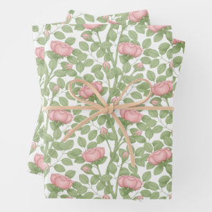 Rosa Rosen auf Weiß Geschenkpapier Set