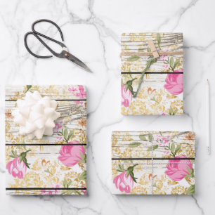 Rosa Rosen auf weißem Scheunenbrett Geschenkpapier Set