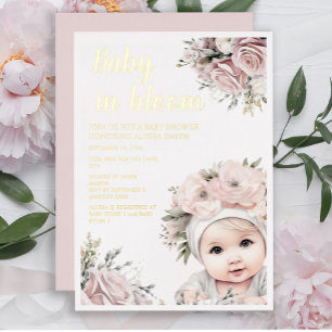 Rosa Rosen Baby in Blüte Mädchen Baby Shower Folieneinladung