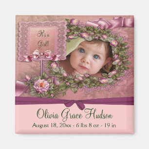 Rosa Rosen Baby Mädchen Foto Geburtsmagnete Magnet