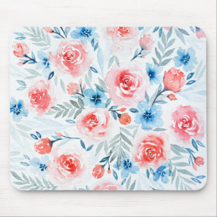 Rosa Rosen Blau Blumen Wasserfarbene Blumenmuster Mousepad