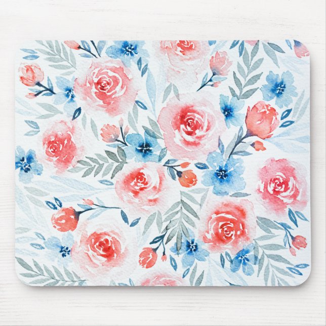 Rosa Rosen Blau Blumen Wasserfarbene Blumenmuster Mousepad (Vorne)