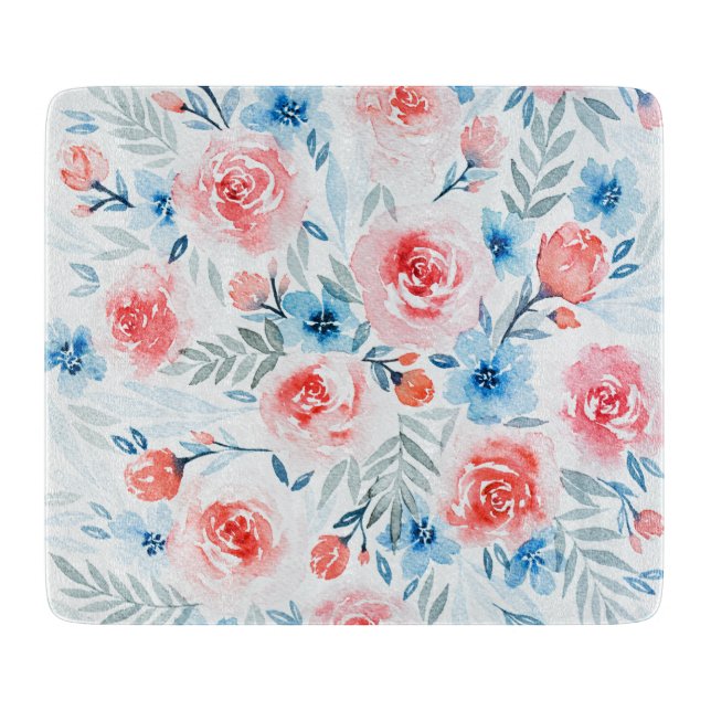 Rosa Rosen Blau Blumen Wasserfarbene Blumenmuster Schneidebrett (Vorderseite)