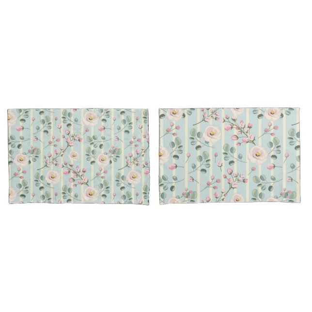 Rosa Rosen Blau Weiße Streifen Kissenbezug (Vorderseite-Set)