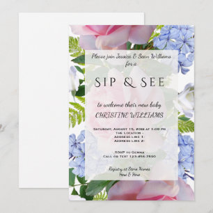 Rosa Rosen & Blaue Plumbago Sip & See Einladung