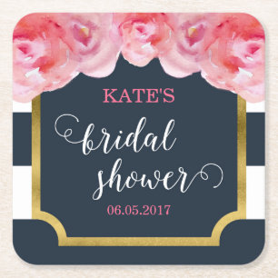 Rosa Rosen-blaue Streifen-Brautparty Rechteckiger Pappuntersetzer