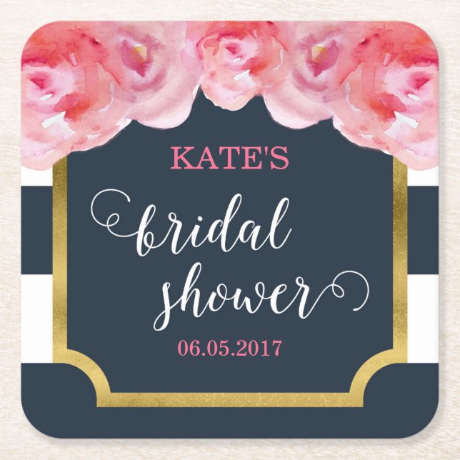 Rosa Rosen-blaue Streifen-Brautparty Rechteckiger Pappuntersetzer (Vorderseite)