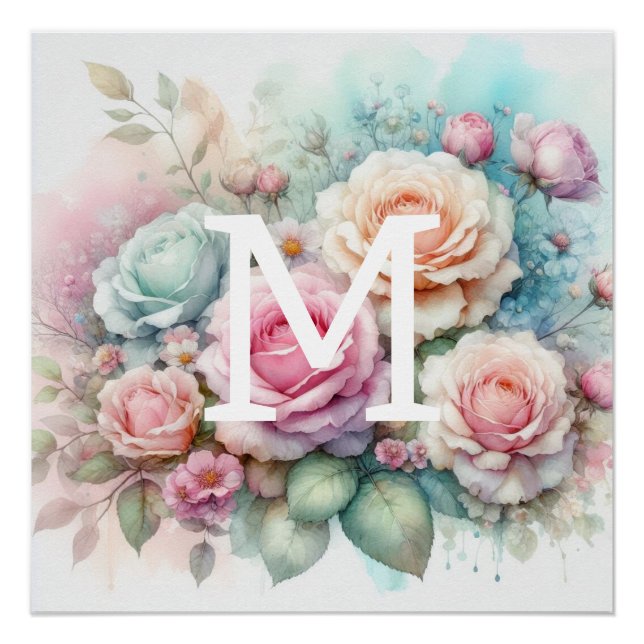 Rosa Rosen, Blume, Monogramm Poster (Vorderseite)