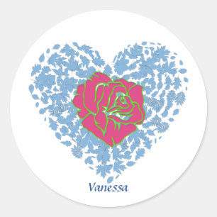 Rosa Rosen Blumen Blaues Herz Valentinstag Custom Runder Aufkleber