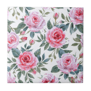 Rosa Rosen Blumen Cottagecore Wasserfarbenmuster Fliese