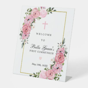 Rosa Rosen Blumen Erste Kommunion Willkommen Sockelschild