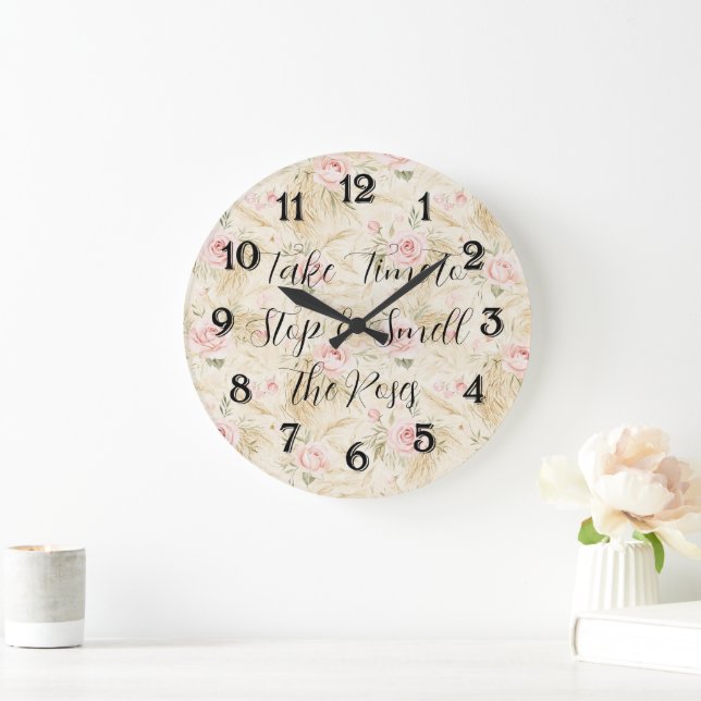 Rosa Rosen Blumen Große Wanduhr (Zuhause)