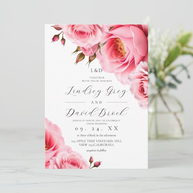 Rosa Rosen Blumen Hochzeit Einladung (Stehend Vorderseite)