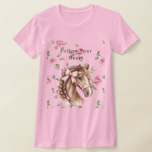 Rosa Rosen Blumen Schönes Pferd Rosa Schleife T-Shirt