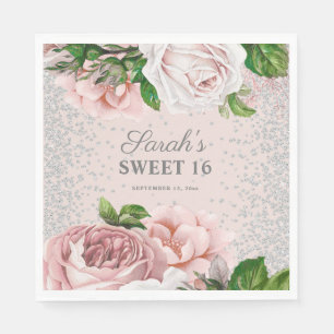 Rosa Rosen Blumen Silber Glitter Sweet 16 Serviette