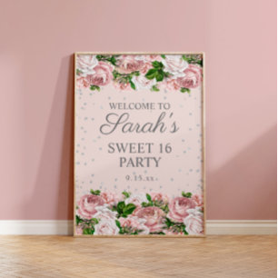 Rosa Rosen Blumen Silber Glitter Sweet 16 Willkomm Poster