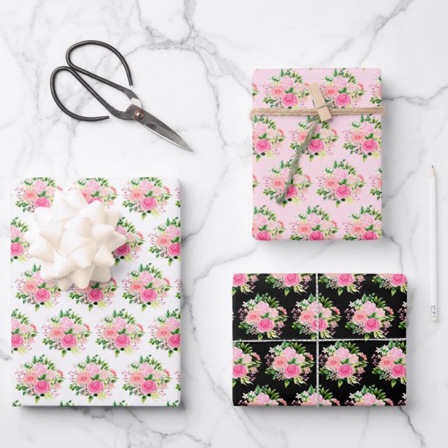 Rosa Rosen Blumen und Grün Geschenkpapier Set (Vorderseite)