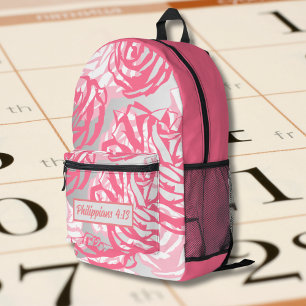 Rosa Rosen Blumen Vintage-Muster mit Bibelvers Bedruckter Rucksack