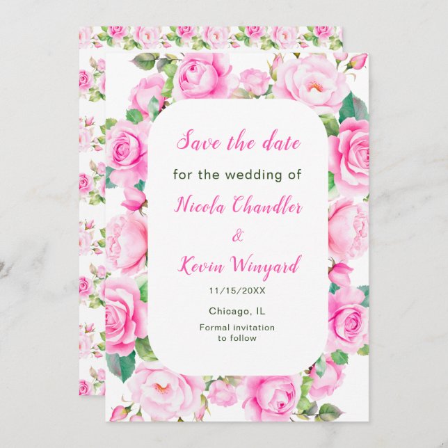 Rosa Rosen Blumenhochzeit Speichern Sie das Datum Save The Date (Vorne/Hinten)