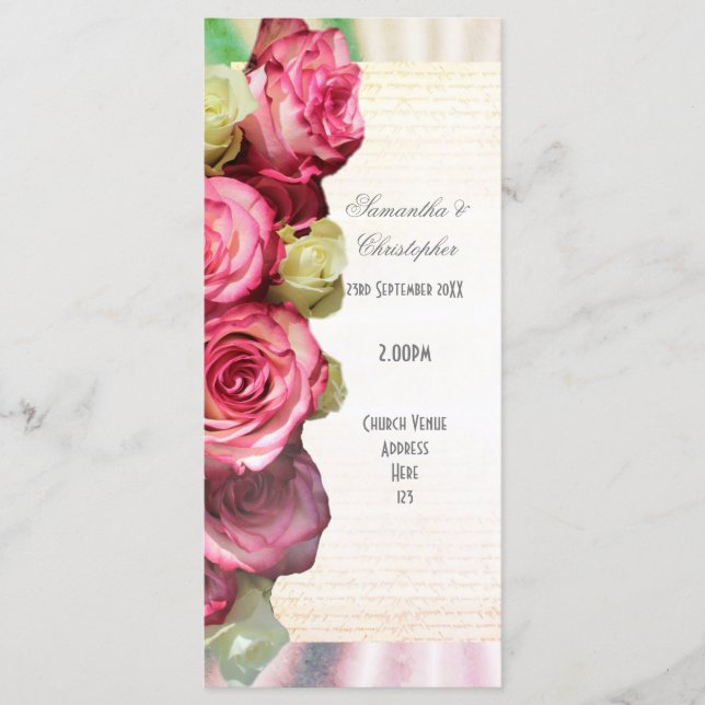 Rosa Rosen-Blumenkirche Hochzeitsprogramm Programm (Vorderseite)