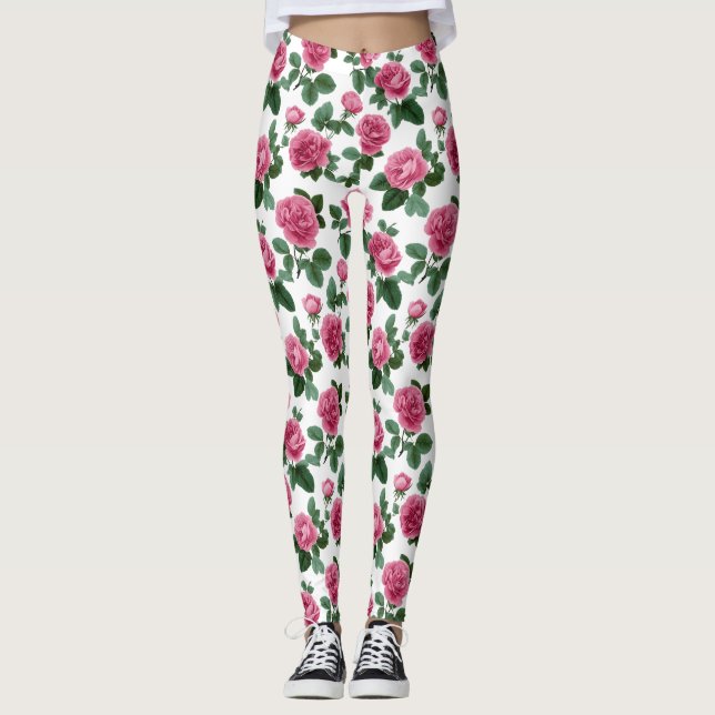 Rosa Rosen-Blumenmuster Leggings (Vorderseite)
