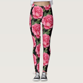 Rosa Rosen Blumenmuster Schwarzer Hintergrund Leggings