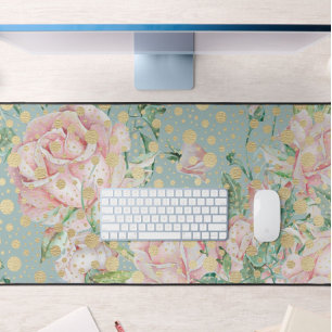 Rosa Rosen Blumenpunkt Gold Teal elegant vintage Schreibtischunterlage
