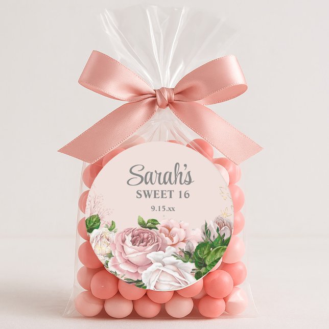Rosa Rosen Blütenblättriger Glitzer Sweet 16 Runder Pappuntersetzer (Elegant blush pink vintage roses Sweet 16 birthday favor bag sticker)