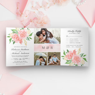 Rosa Rosen Bouquet Fotocollage Hochzeit Dreifach Gefaltete Einladung