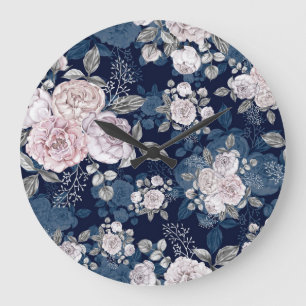 Rosa Rosen Dunkelblau: Vintag Große Wanduhr