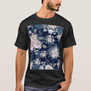 Rosa Rosen Dunkelblau: Vintag T-Shirt