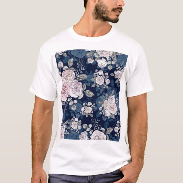 Rosa Rosen Dunkelblau: Vintag T-Shirt (Vorderseite)