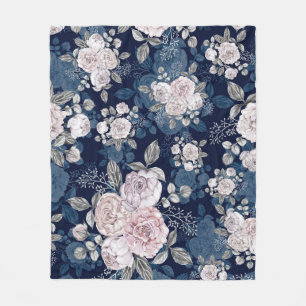 Rosa Rosen Dunkelblau: Vintage Fleecedecke
