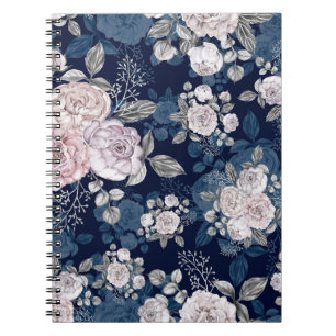 Rosa Rosen Dunkelblau: Vintage Notizblock
