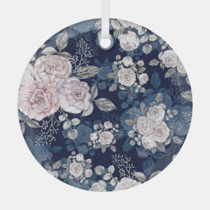 Rosa Rosen Dunkelblau: Vintage Ornament Aus Glas