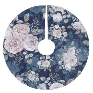 Rosa Rosen Dunkelblau: Vintage Polyester Weihnachtsbaumdecke
