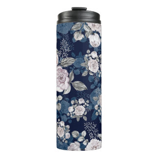 Rosa Rosen Dunkelblau: Vintage Thermosbecher
