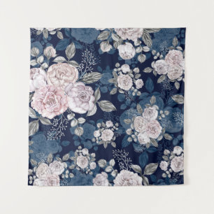 Rosa Rosen Dunkelblau: Vintage Wandteppich