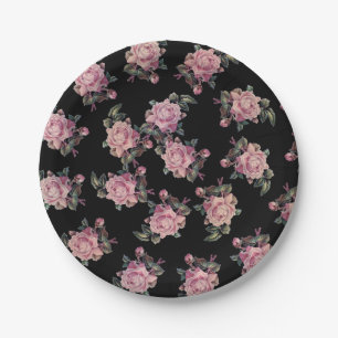 Rosa Rosen Dunkles Blumenmuster Shabby Chic Party Pappteller
