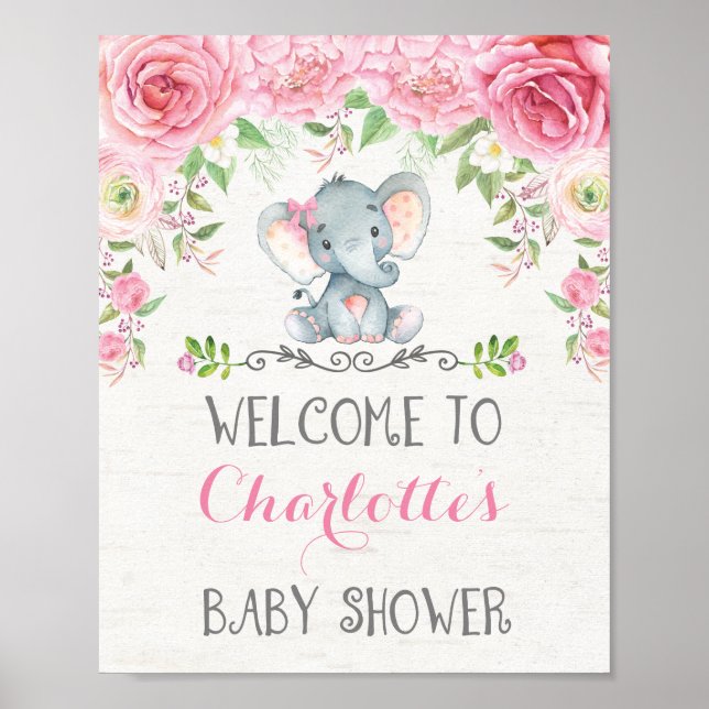 Rosa Rosen Elephant Baby Dusche Begrüßungszeichen Poster (Vorne)