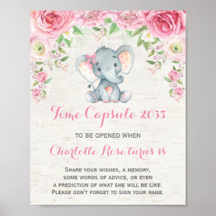 Rosa Rosen Elephant Time Kapsel 1. Geburtstag Zeic Poster