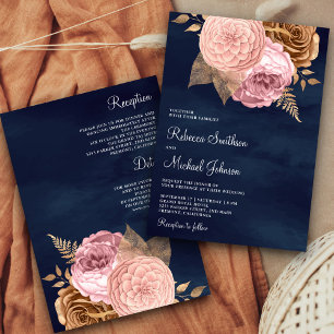 Rosa Rosen Erdig Blumig Navy All-in-One-Hochzeit Einladung