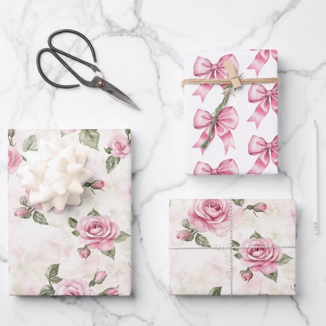 Rosa Rosen Floral Geburtstag Geschenkpapier Set (Vorderseite)