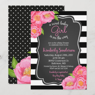 Rosa Rosen Floral Girl Black und White Baby Dusche Einladung