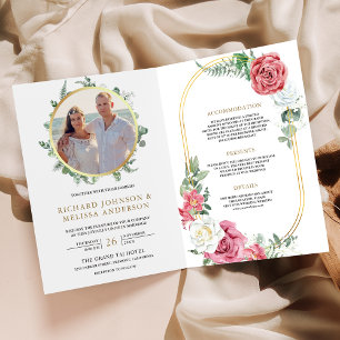 Rosa Rosen Floral Gold Foto QR-Code Hochzeit Einladung