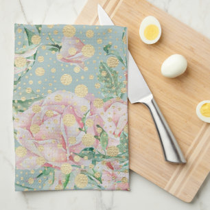 Rosa Rosen floral Teal Gold Punkte vintage Geschirrtuch