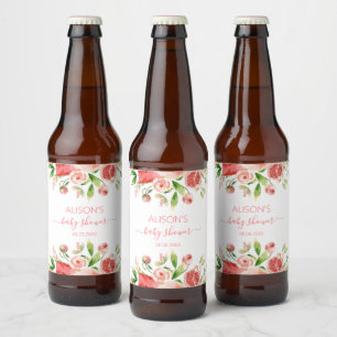 Rosa Rosen Florale Grünzeug Mädchen Baby Shower Bierflaschenetikett