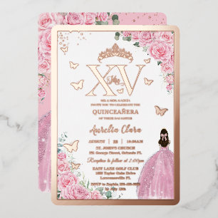 Rosa Rosen Florale Quinceanera Mis XV Rosen Gold Folieneinladung